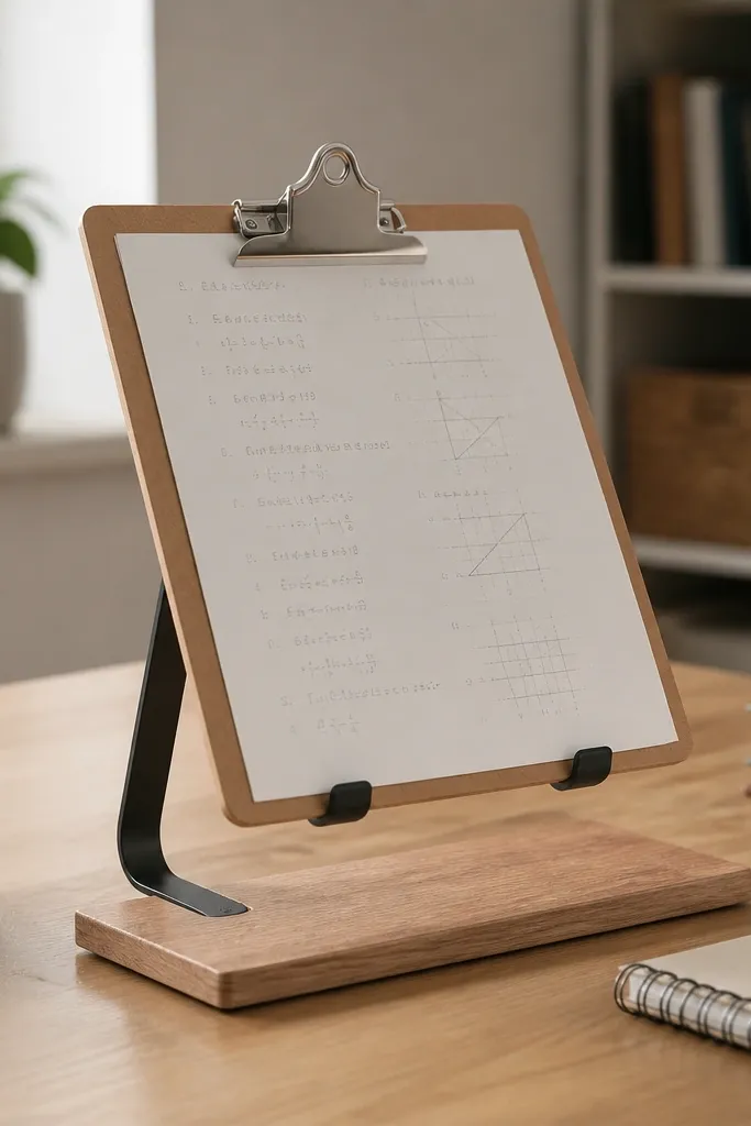 A small stand with a flat wood base and a bent metal bracket holding a clipboard at a slight angle. It sits on the desk and holds a homework sheet.