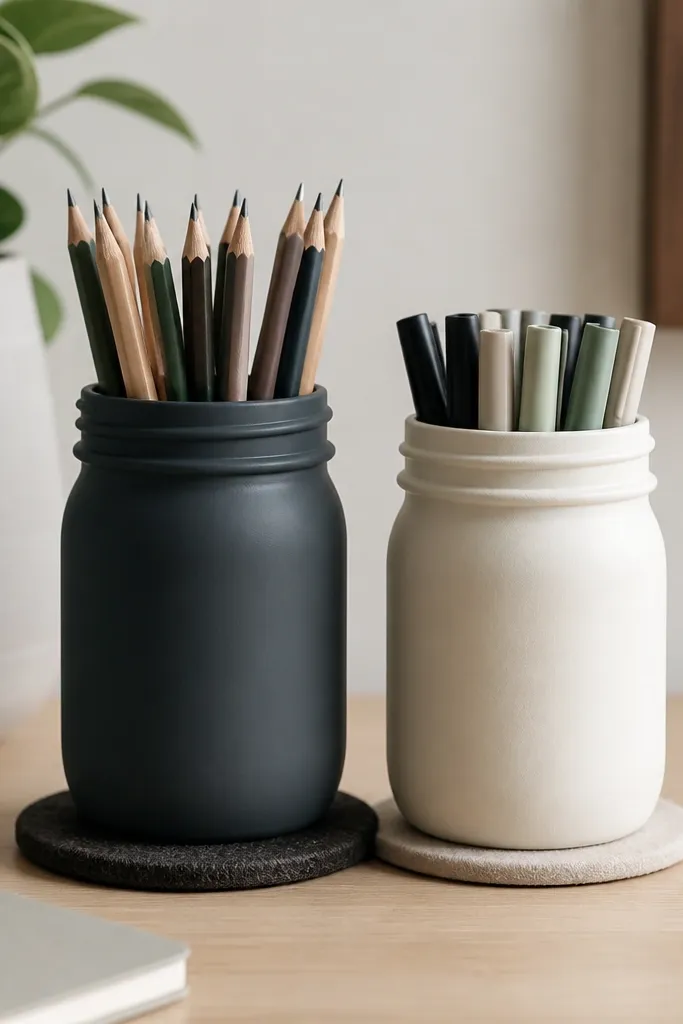 Two mason jars on a desk, painted matte charcoal and cream. Each jar has a rounded felt pad underneath. Pencils stand upright and markers sit in the second jar.