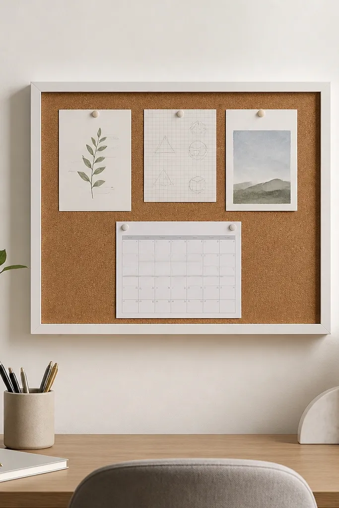 A small cork memo board mounted on the wall above a desk, framed in a simple white picture frame. Push pins hold a few worksheets and a calendar page, all spaced evenly.