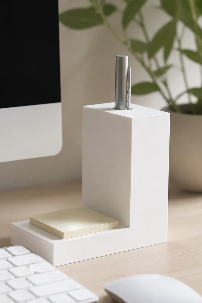 An L-shaped organizer in matte white foam board with a pen slot at the top and a flat ledge for sticky notes. It sits right next to the keyboard.