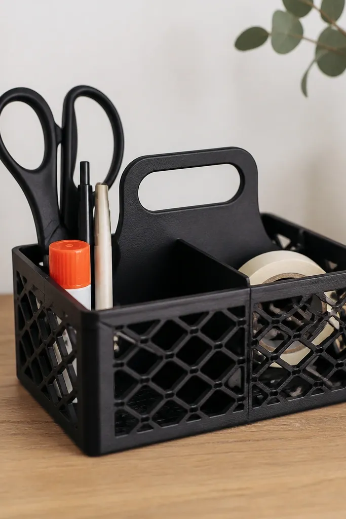 A small plastic caddy cut from a milk crate, spray-painted matte black. It has two compartments with a handle and holds scissors, glue stick, and a small roll of tape.
