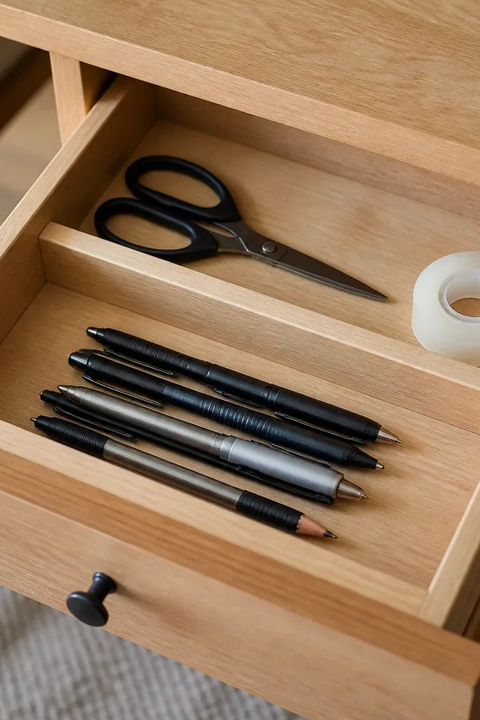 A shallow drawer organized into two tiers using small wood strips. The top tier holds scissors and tape, the bottom tier holds extra pens. The wood is sanded smooth and sealed matte.