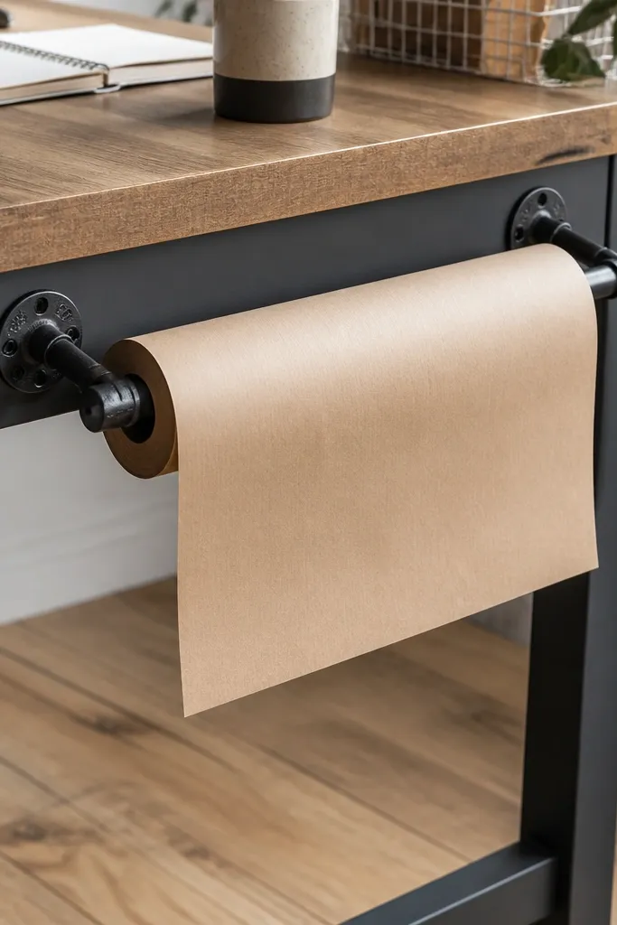 A horizontal paper roll holder mounted on the side of a desk. It uses small black metal pipe pieces with end caps. Kraft paper rolls hang neatly and unroll straight.