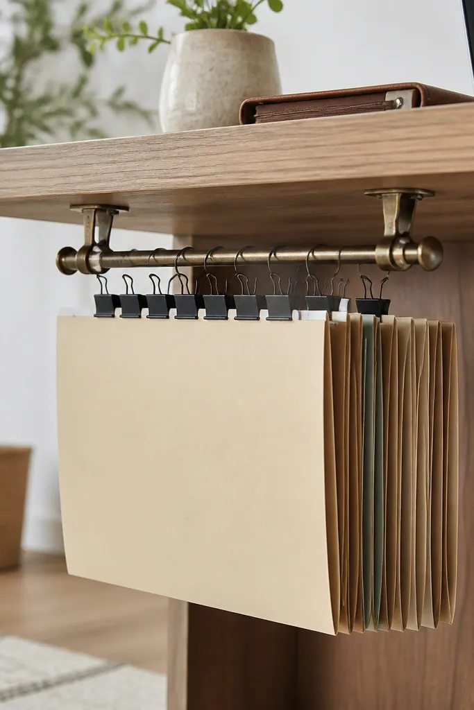 Two small curtain rod brackets mounted under the desk with a rod. Binder clips hang a vertical file folder system under the desk edge.