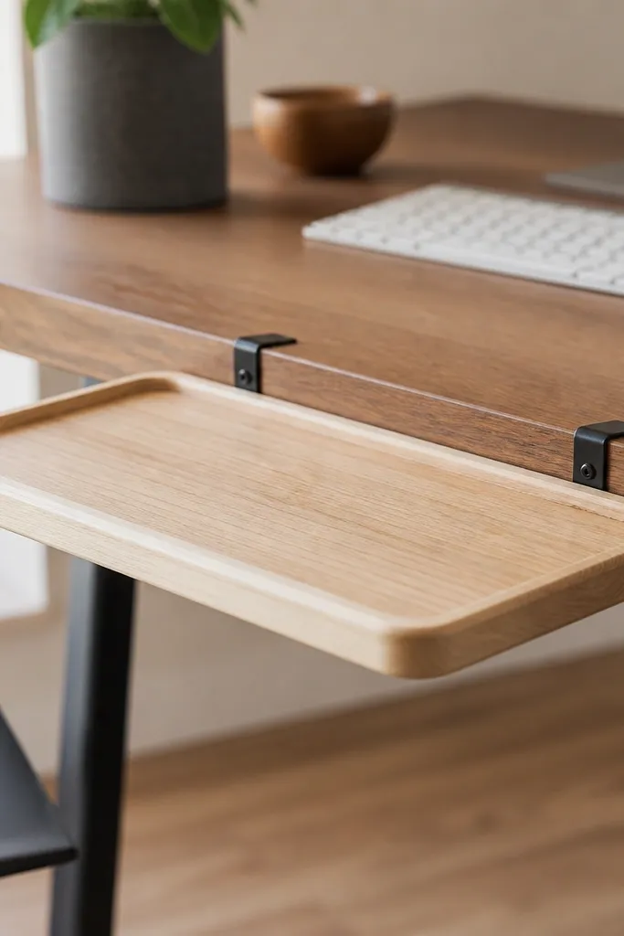 A shallow tray attached to the front edge of a desk using two small brackets. It's made from a light wood cutting board with a matte finish and has four tiny rubber feet on the underside.