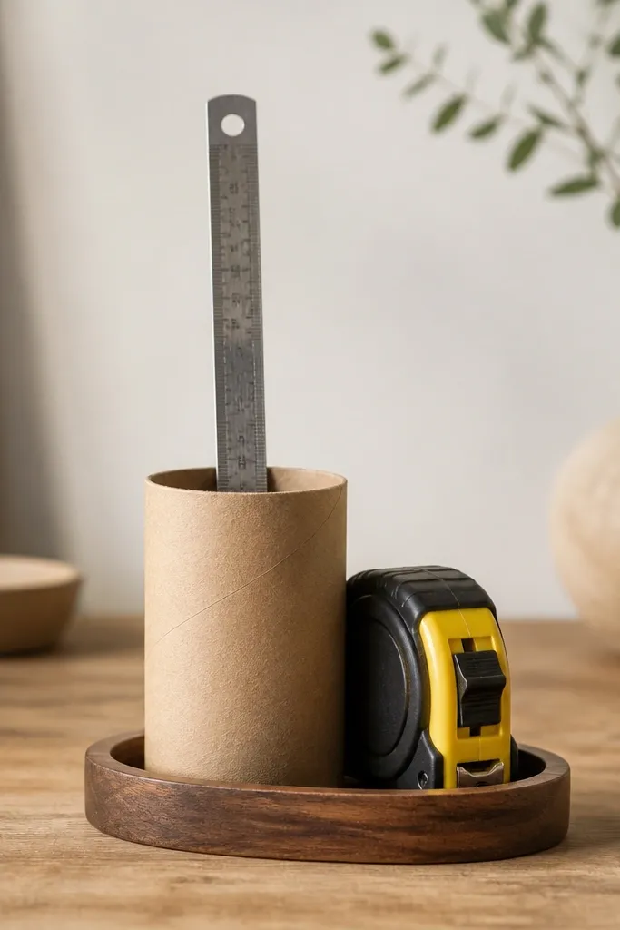 A small holder: a toilet paper roll core wrapped in kraft paper sits in a shallow wood base. It holds a metal ruler upright and a retractable tape measure beside it.