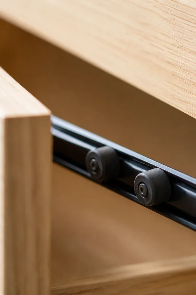 Close-up inside a desk drawer showing small black rubber bumpers on the drawer track. The drawer closes softly and stops at the same position every time.