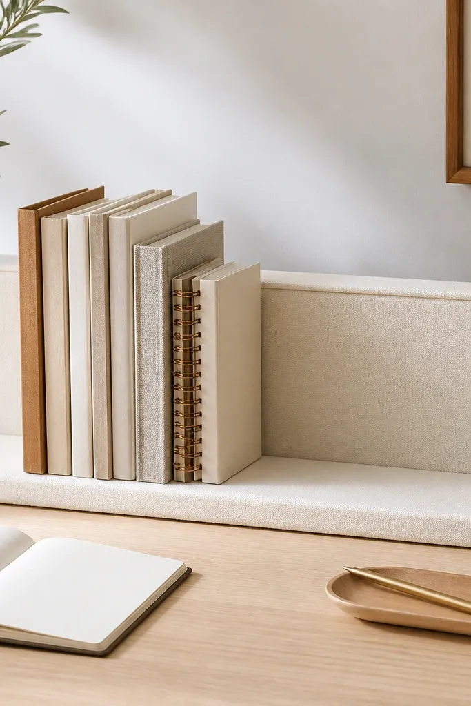 A book ledge on a desk surface made from foam board wrapped in cream fabric. It forms a low back wall so books stand upright without falling. The fabric edges are neatly bound.