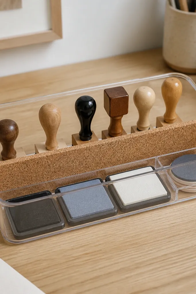 A shallow clear plastic bin on the desk with a cork divider inside. Stamps stand in a row behind the divider, and ink pads sit in a separate section.