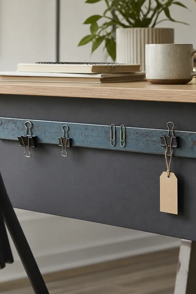 A long painted metal ruler mounted horizontally on the side of a desk. Binder clips and a few paper clips stick to it, with a small label tag hanging from one clip.