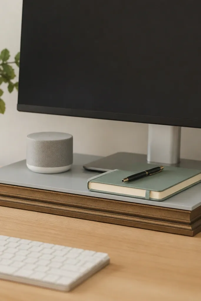 A low tray under a monitor: two stacked picture frames create height, and a foam board top covered in light gray contact paper holds a small speaker and a notebook.