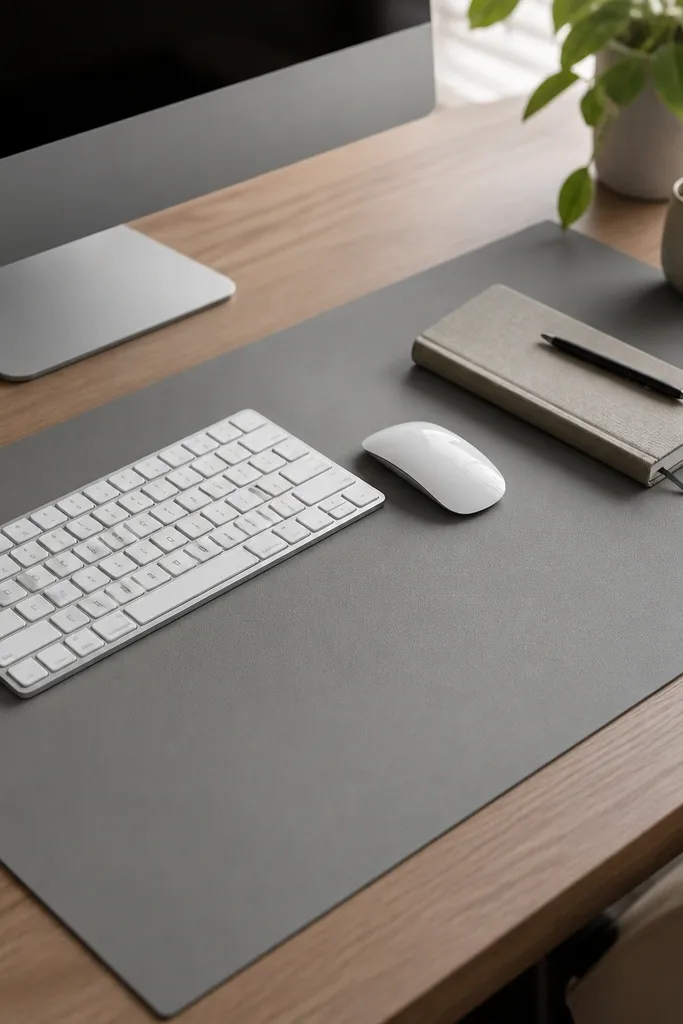 A large desk mat in muted gray vinyl with a thin felt backing. The edges are trimmed straight and the mat covers the center area under the keyboard and notebook.
