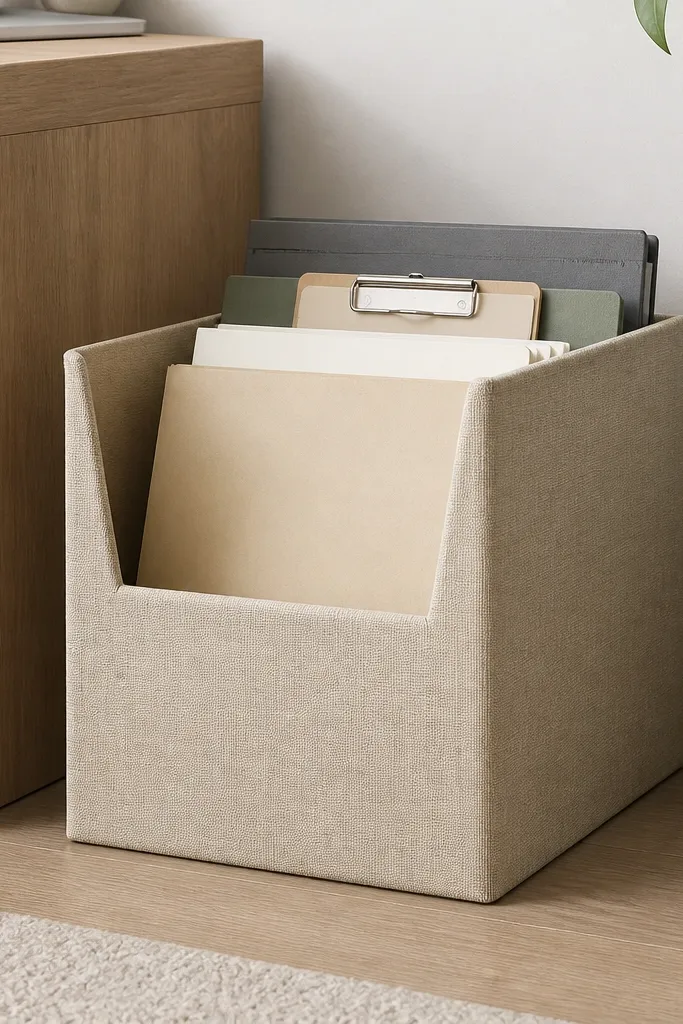 A rectangular bin near the desk made from a cardboard box with sides covered in oatmeal fabric. A front opening has a clean fold-over edge, and it holds folders and a slim clipboard.