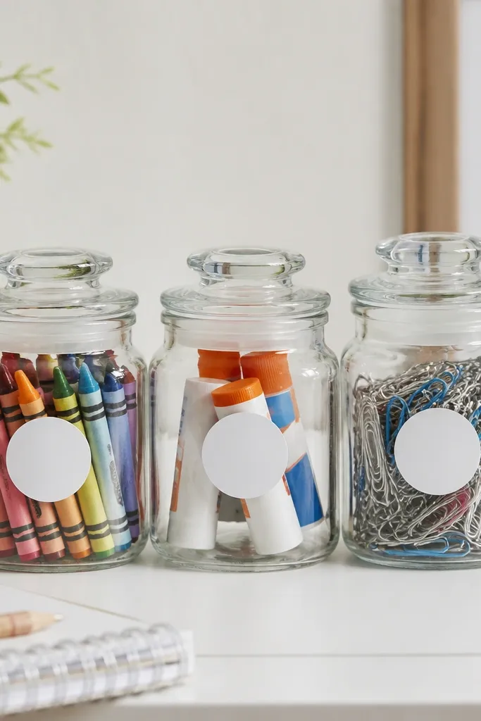 Three small jars with matching lids stacked neatly or placed in a row. Each jar has a white label dot with black marker text. The jars hold crayons, glue sticks, and paper clips.