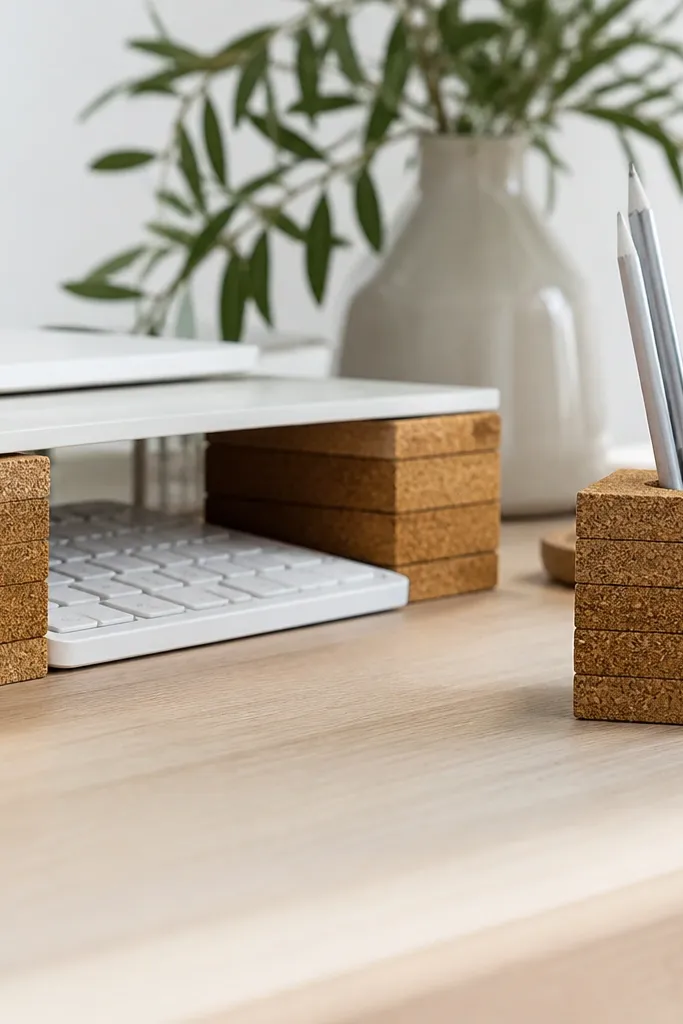 Small modular blocks made from stacked cork coasters, glued into rectangular towers. They lift a keyboard slightly and hold a pen cup on top.