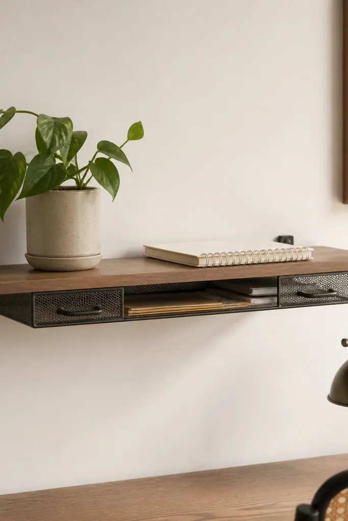 A slim wall shelf above a desk with a sliding tray underneath. The tray is made from a repurposed file organizer and has two small handles. The shelf holds a small plant and a notepad.