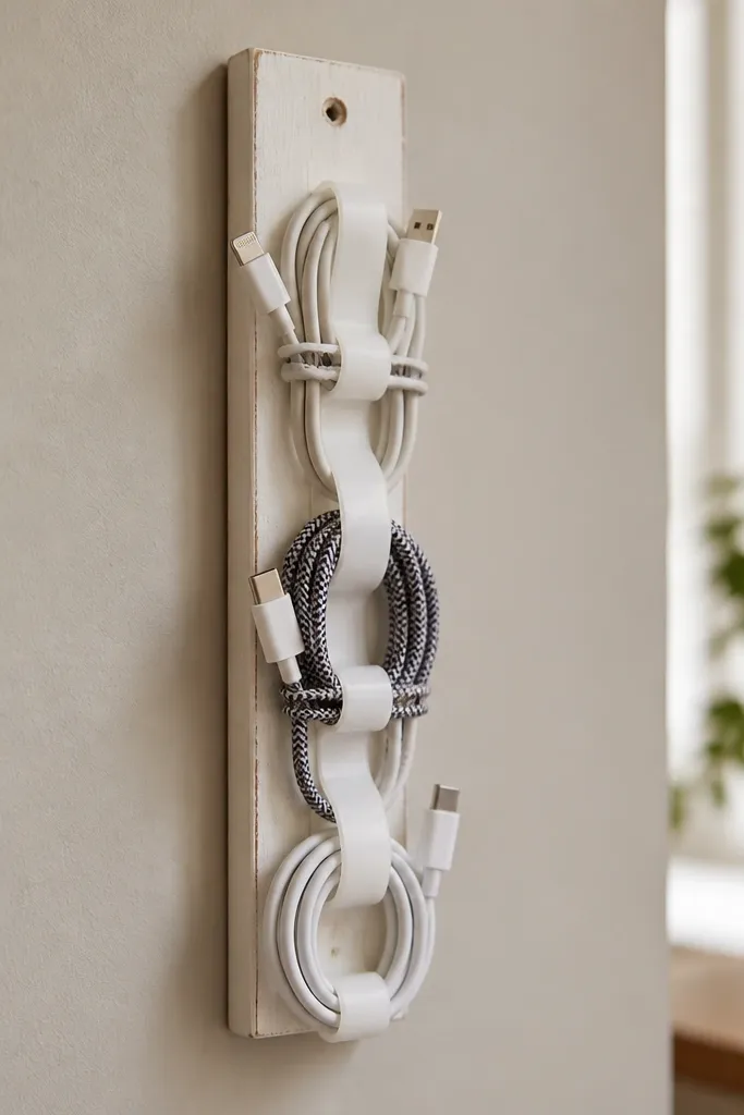 A small vertical strip of scrap wood painted off-white with three wide zip ties attached as loops. Charger cables are routed through the loops and hang neatly.
