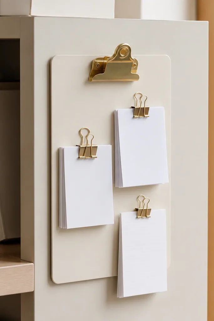 A small clipboard mounted at a desk corner. Several binder clips hold loose papers in separate stacks. The clipboard is covered in matte cream contact paper.