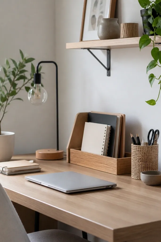 Modern minimalist desk organization on a budget