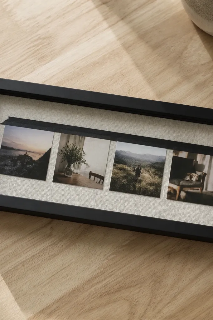A matte black rectangular frame on a light wood table. Inside it, a narrow photo strip shows four small photos with even spacing. The back cover looks like off-white linen fabric, with a single strip of black tape holding the photos in place.