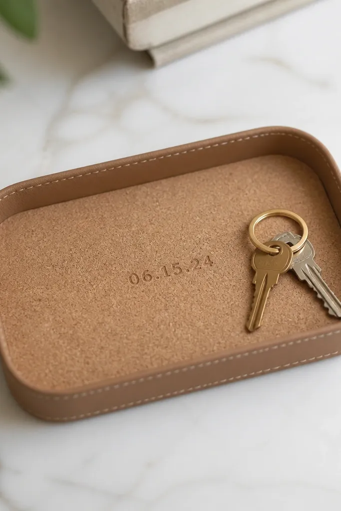A small rectangular tray with a cork top and tan leather border. In the center, a single minimalist stamped line reads a date or short phrase. A pair of keys sits neatly on the tray in the photo.