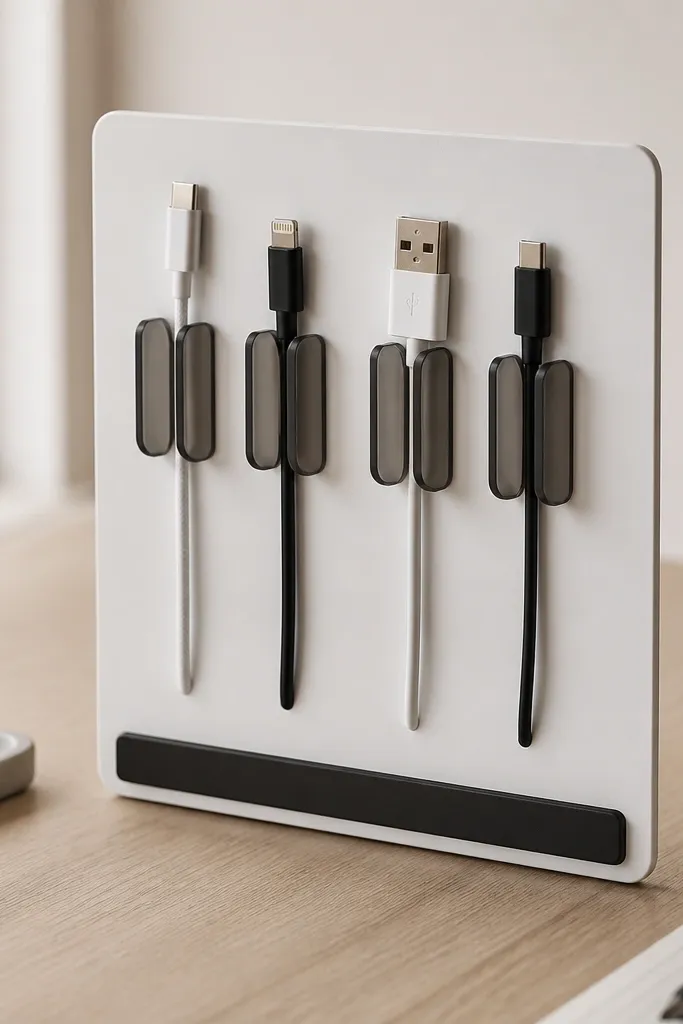 Four small smoke gray clips mounted on a white desk organizer board. Each clip has a curved channel holding a cable, and the board sits upright with a slim black label strip at the bottom.