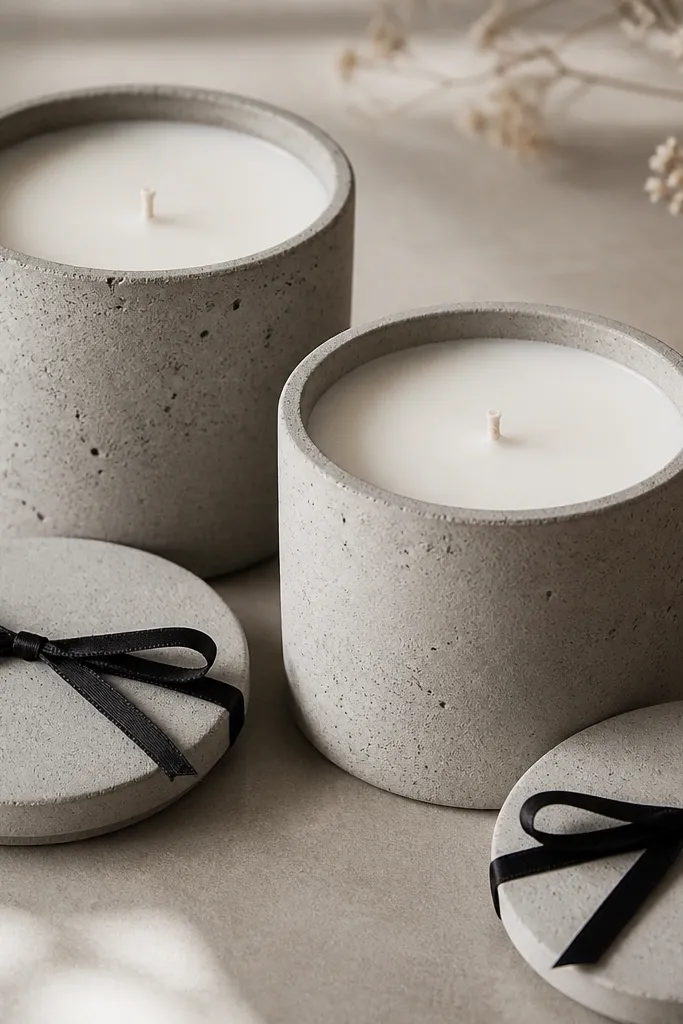 A set of two minimalist concrete-style jars with gray speckling. The candle wicks are centered, the wax is smooth and matte, and a thin black ribbon wraps the lid.