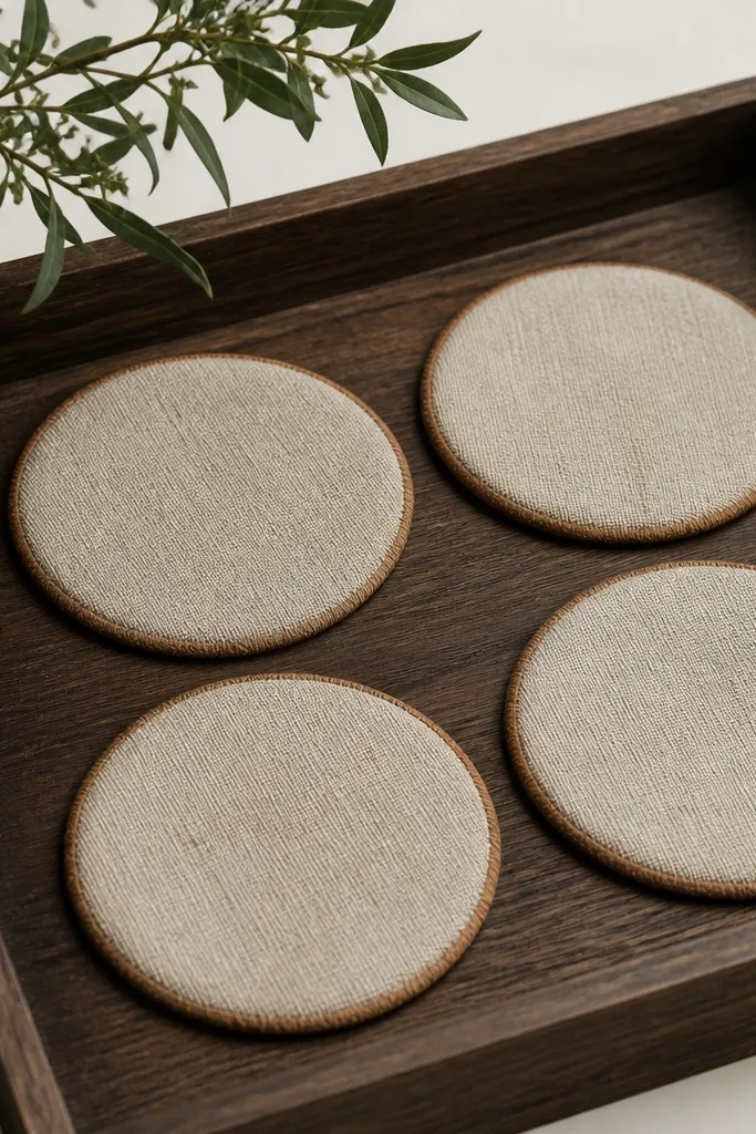 Four round coasters covered in natural linen. The edges show a subtle burnt umber dye or stain, and the coasters sit on a tray with a dark wood grain.