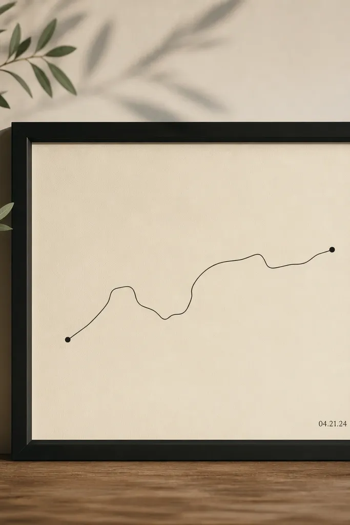 A small canvas with a light cream background. A single thin line route runs across the canvas with tiny dot markers at two points. A black frame surrounds the canvas, and there's a small typed date in the bottom right.