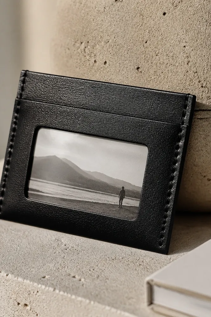A black leatherette wallet insert with a clear window pocket. A small monochrome photo sits behind the window, and the insert has clean stitched edges along the sides.