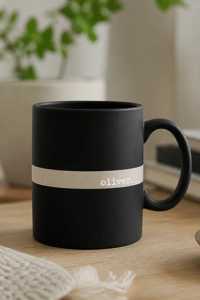 A plain white mug painted with matte black. A clean horizontal band in the middle is created by masking tape, and a small typed name sits on the band in white paint.