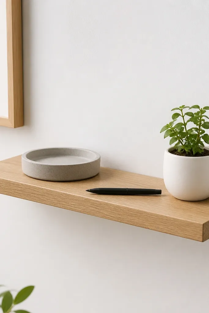 A narrow floating shelf mounted on a wall. On it sits a small concrete-look tray, a black pen, and a tiny plant in a white pot. The shelf is light oak with a white wall background.