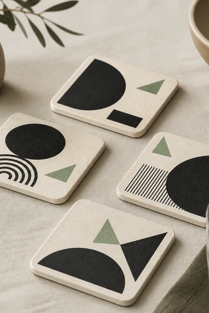 Four coasters with bold but simple geometric shapes. The shapes are printed in black ink on a cream base, and a second color (sage green) appears as a small accent triangle.