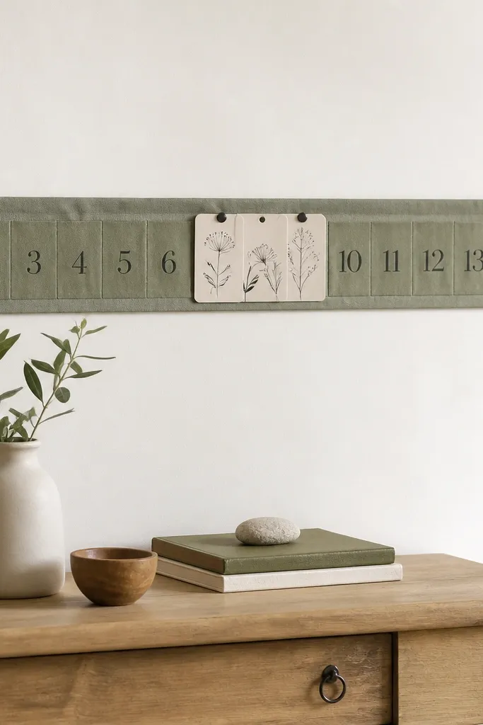 A long horizontal wall strip in sage green fabric with charcoal numbers. In the center, a small date block is replaced with different cards, and the whole piece has a clean pinned layout.