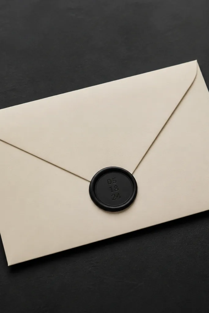 A cream envelope with a wax seal on the flap. The seal is a matte black circle with a simple date stamp in the center. The paper edges look crisp and the envelope sits on a dark surface.