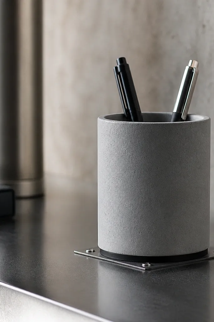 A small concrete-look cup holding two pens. The base is hidden by a thin black strip, and a small metal plate underneath holds it to a metal desk surface. The cup has a matte gray finish.