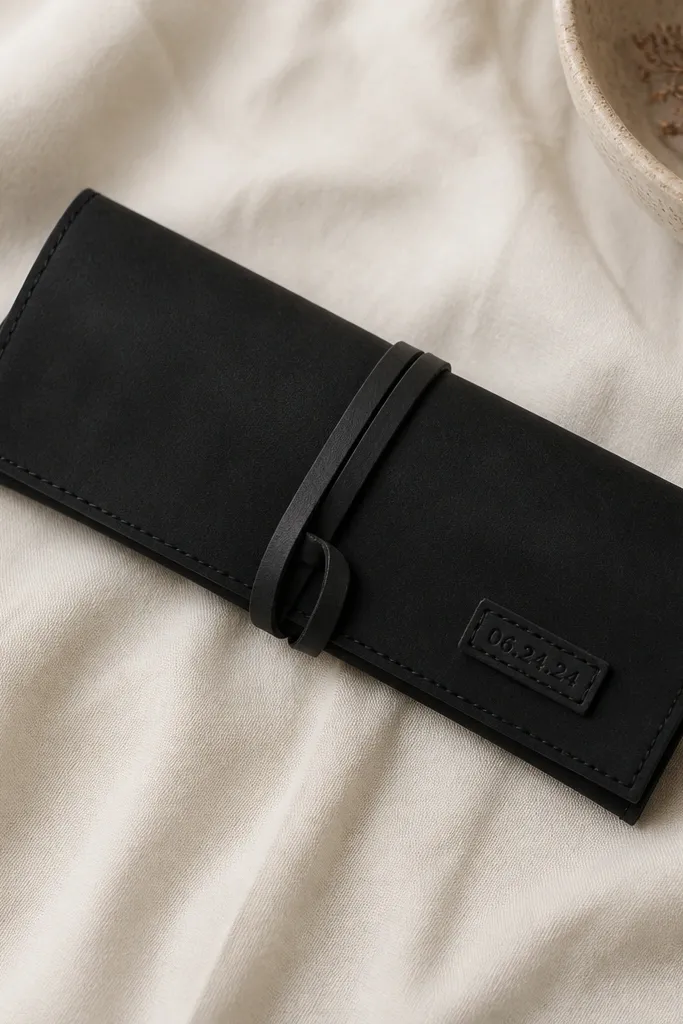 A slim black wrap with a looped closure, designed to hold a watch strap. The wrap has a small stitched tag with a date and sits flat on a cream cloth.