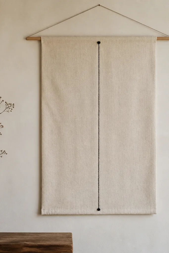A rectangular fabric wall hanging in off-white. A single vertical black line runs through the center, with two small stitched nodes at the top and bottom. It hangs from a simple wooden dowel.