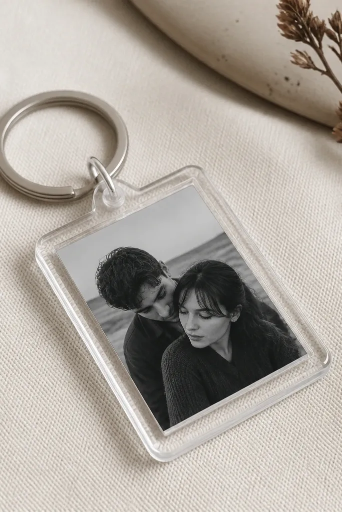A clear acrylic keychain shaped like a rectangle. Inside it, a small black-and-white photo sits behind a clear vinyl window. The edges are smooth and the keyring is matte silver.