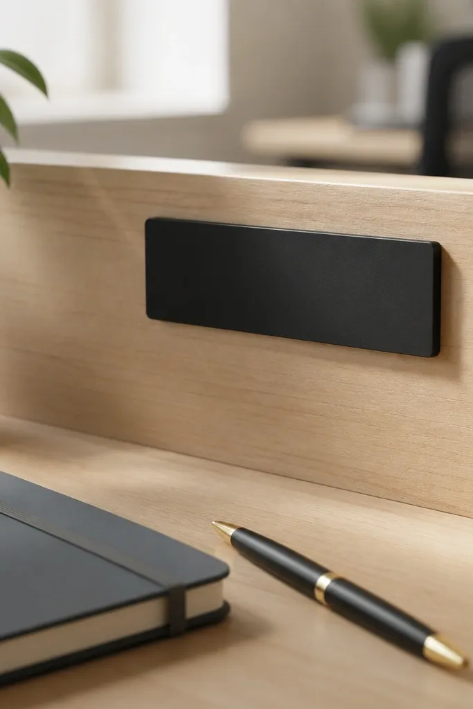A small matte black name plate mounted on a light wood desk divider. The letters are cream vinyl, aligned neatly and spaced evenly. A pen and notebook sit next to it.