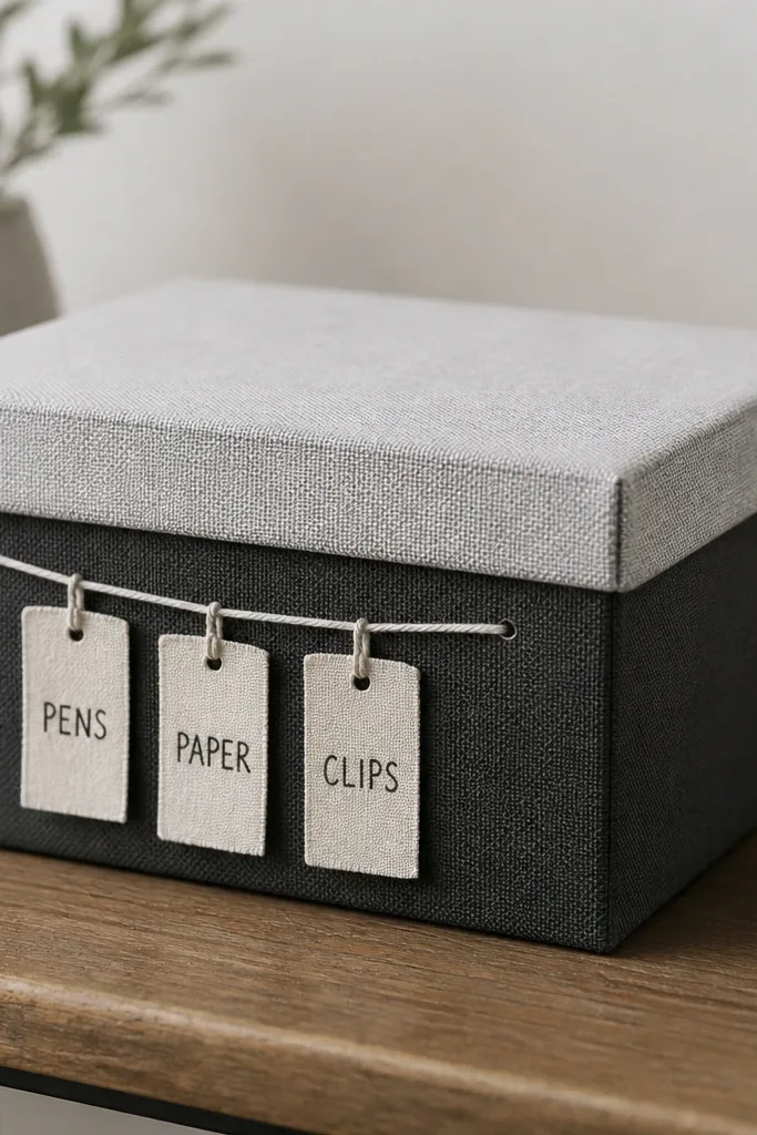 A small two-tone storage box with a light gray lid and a charcoal base. On the front, fabric labels hang from a simple string, each label handwritten in neat block letters.
