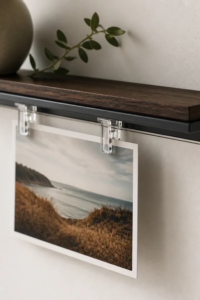 A slim photo ledge mounted on a wall: smoked oak strip on top, black matte steel side rails, and a thin clear acrylic clip track running underneath so a 4x6 photo looks like it floats. The wood grain is visible, edges are lightly rounded, and the clips catch light without glare.