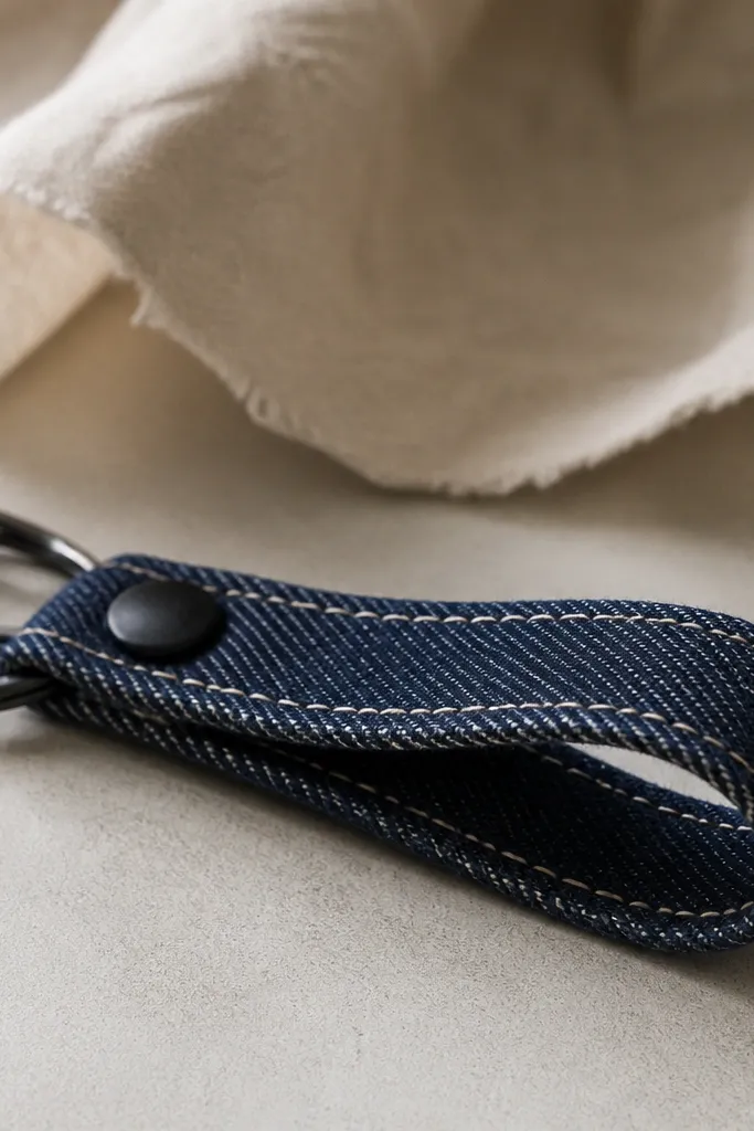 A key fob made from dark indigo denim strips with visible diagonal stitching in off-white waxed thread. The loop is hand-stitched into a tight oval, the edges are burnished and slightly frayed, and a small matte black snap hardware piece sits near the seam.
