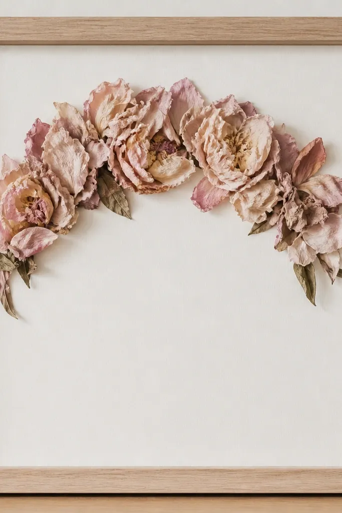 A light wood frame with an off-white mat board. Dried blush peony petals form a soft half-circle along the top edge, with a few tiny dried leaves tucked at the curve. The bottom half is mostly blank.