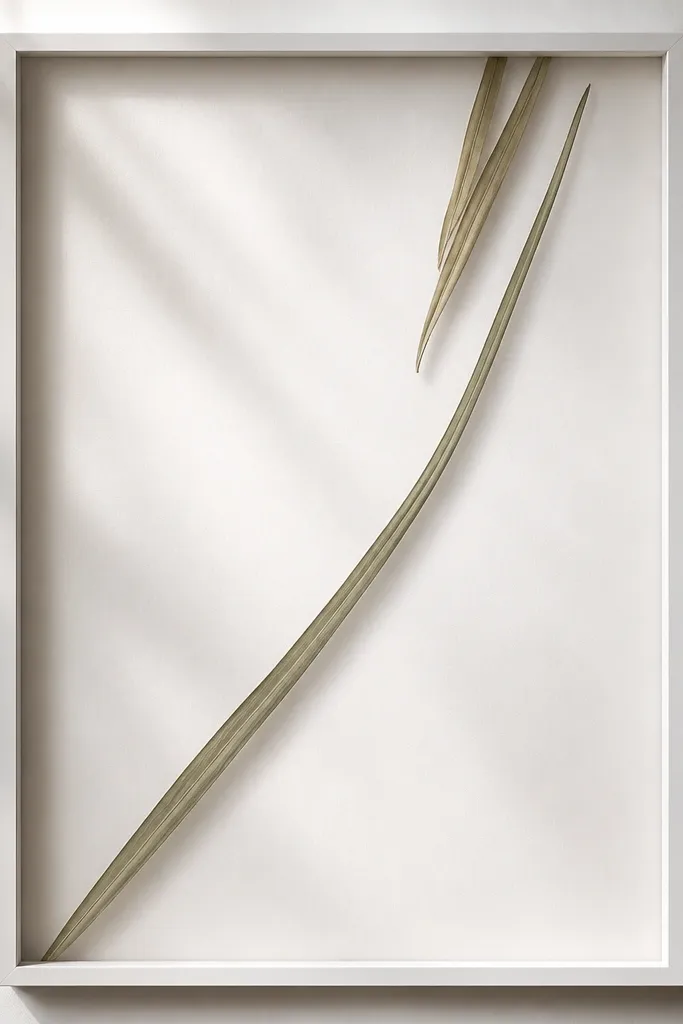 A white frame with a frosted white backing. A long dried sage-green grass blade runs diagonally from bottom-left to top-right, with two shorter blades stacked near the top corner. There is a clear gap in the center where nothing is placed.