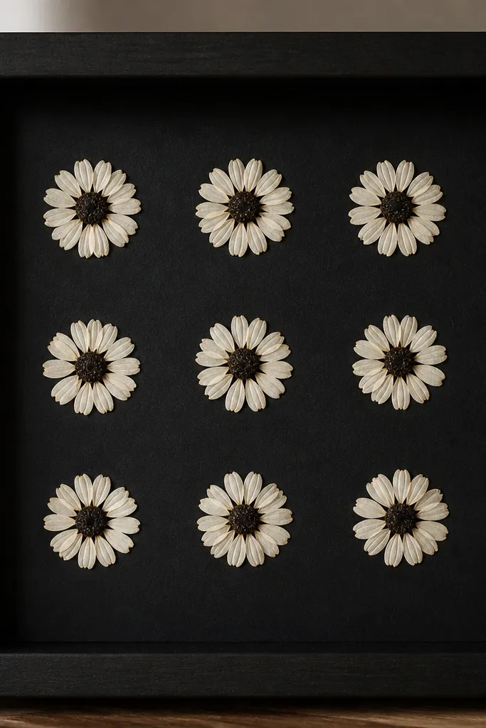 A square frame with black backing. Dried white daisy petals and tiny black-centered flower heads are arranged in a neat 3x3 grid pattern, with each "cell" containing one small bloom. The grid lines are visible as spacing, not drawn lines.