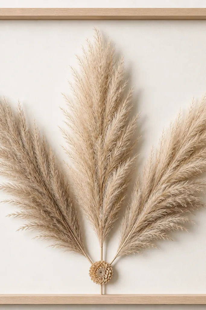 A light beige frame with warm white backing. Three dried pampas-feather plumes radiate from a single center point, like a fan, with the tips facing outward. The center pin is a small dried flower head.
