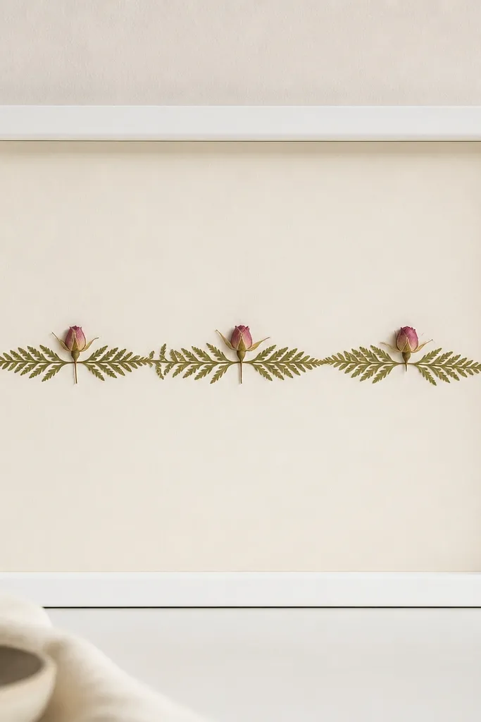 A white frame with matte cream backing. A thin line of pressed fern fronds runs horizontally across the middle. Three tiny rosebuds are placed evenly along the line, one on the left, one center, one right.