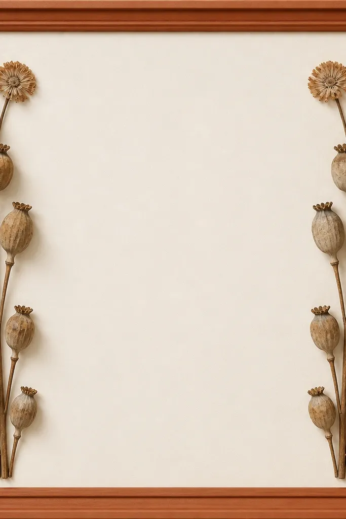 A terracotta-colored frame with off-white backing. Two mirrored columns of dried seed pods run down the left and right sides, leaving the center blank. At the top of each column is a small dried flower head.