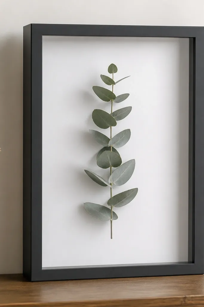 A clear-front shadow box frame with matte white backing. A single eucalyptus stem is mounted slightly above the backing using thin foam tape, so it "floats." Leaves are arranged in a neat spiral, all greenish-gray.